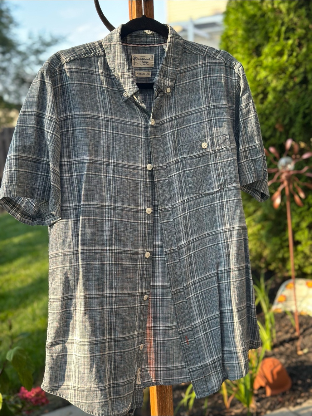 Weatherproof Vintage Mens Linen Cotton Plaid Short Sleeve Shirt Size M